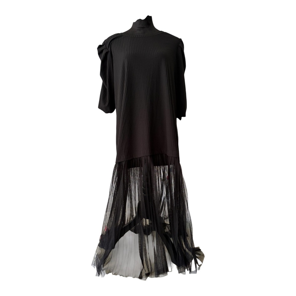 Ashley Stewart Black Ribbed Mixed Media Pleated Mesh Midi Dress Plus Size 18/20
